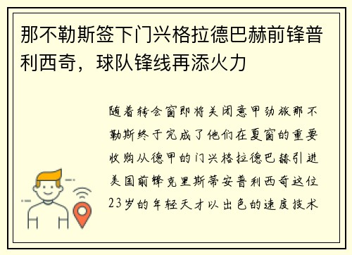 那不勒斯签下门兴格拉德巴赫前锋普利西奇，球队锋线再添火力